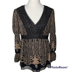 Nanette Lepore Boho Silk Babydoll Top Blouse Size 8 Crochet & Pom Pom Trim Black